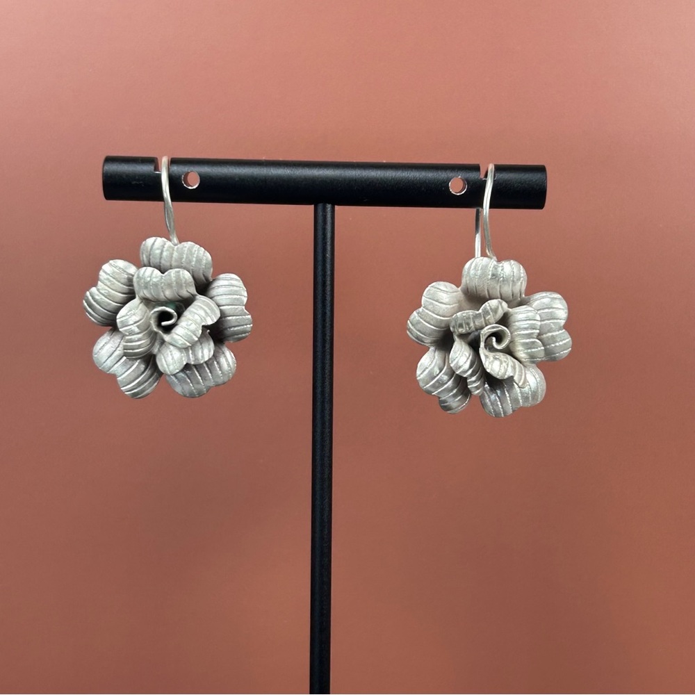 925 Brushed Sterling Silver Floral Drop Earrings